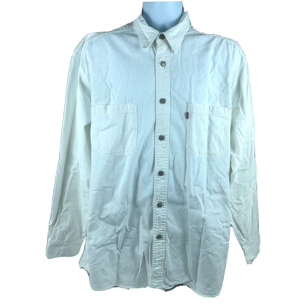 Vintage 90s Levi's White Denim Jean Shirt Metal Buttons Up Men's Large
